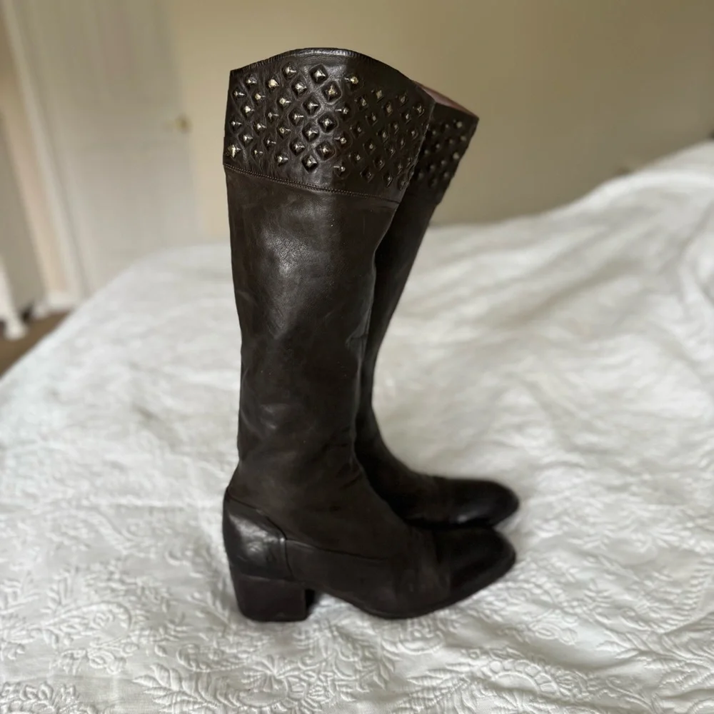 Alberto Fasciani Brown Leather Over the Knee Studded Riding Boots. Size …